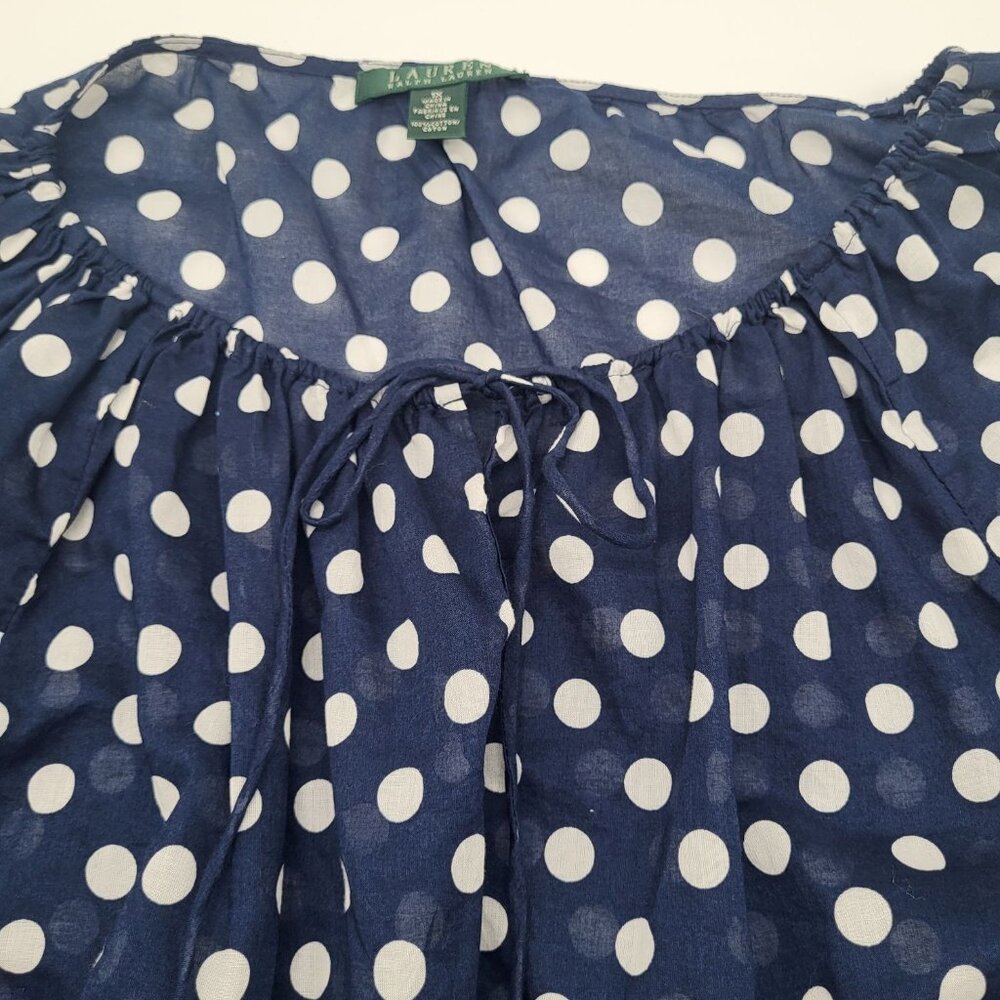 LAUREN RALPH LAUREN Womens 1X Peasant Polka Dot Blouse Semi Sheer Navy White - Picture 7 of 9